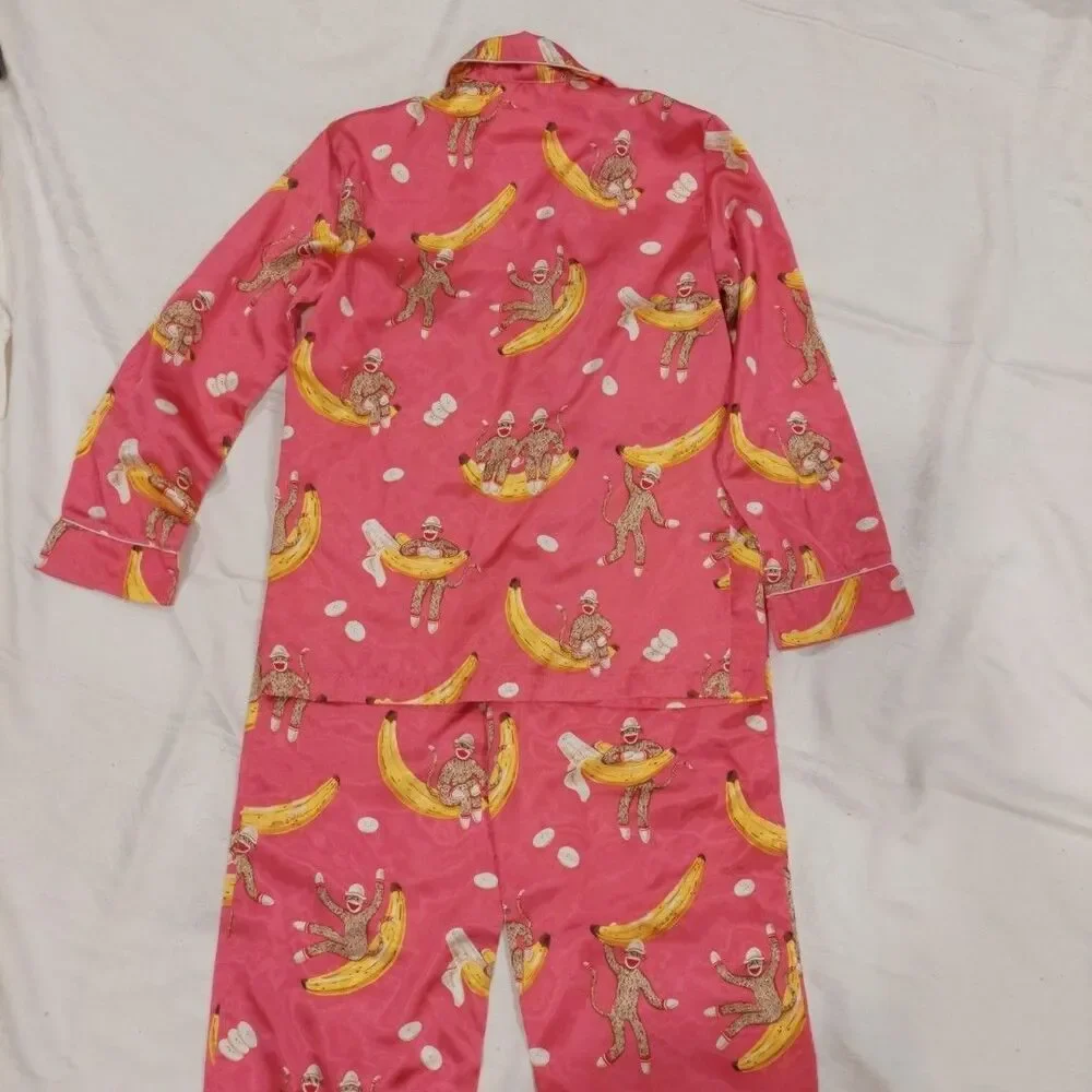 NICK & NORA Girl's PInk Sock Monkey Satin Pajama Size Medium (7-8) EUC